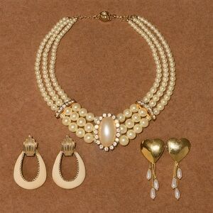 Vintage Inspired Pearl Necklace & Gold Tone Earrings Jewelry Bundle Set